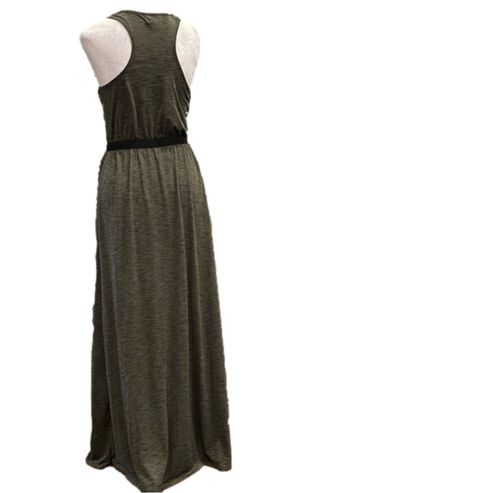 Minimalist Gray Maxi Dress Side Slit Cinched Waist Capsule Chic - Picture 3 of 9